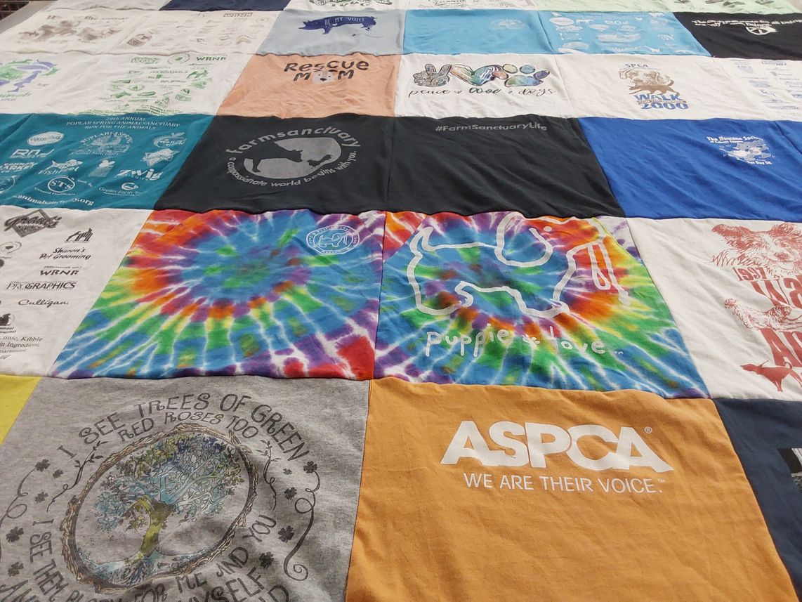 T-shirt quilt with animal welfare, environmentalism themes by Amy from MD