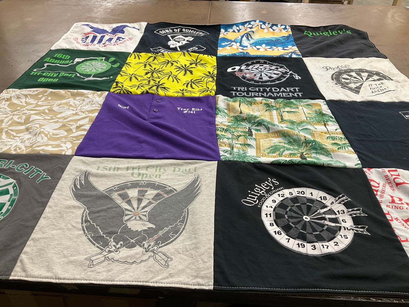 T-shirt quilt with darts, tournaments themes by SUSAN from NY