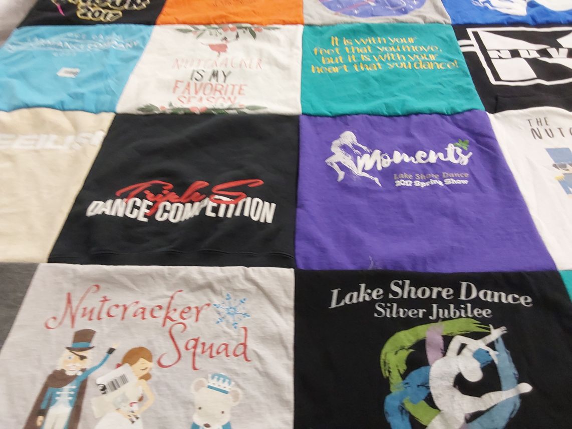 T-shirt quilt with dance, performing arts themes by Lori from WI