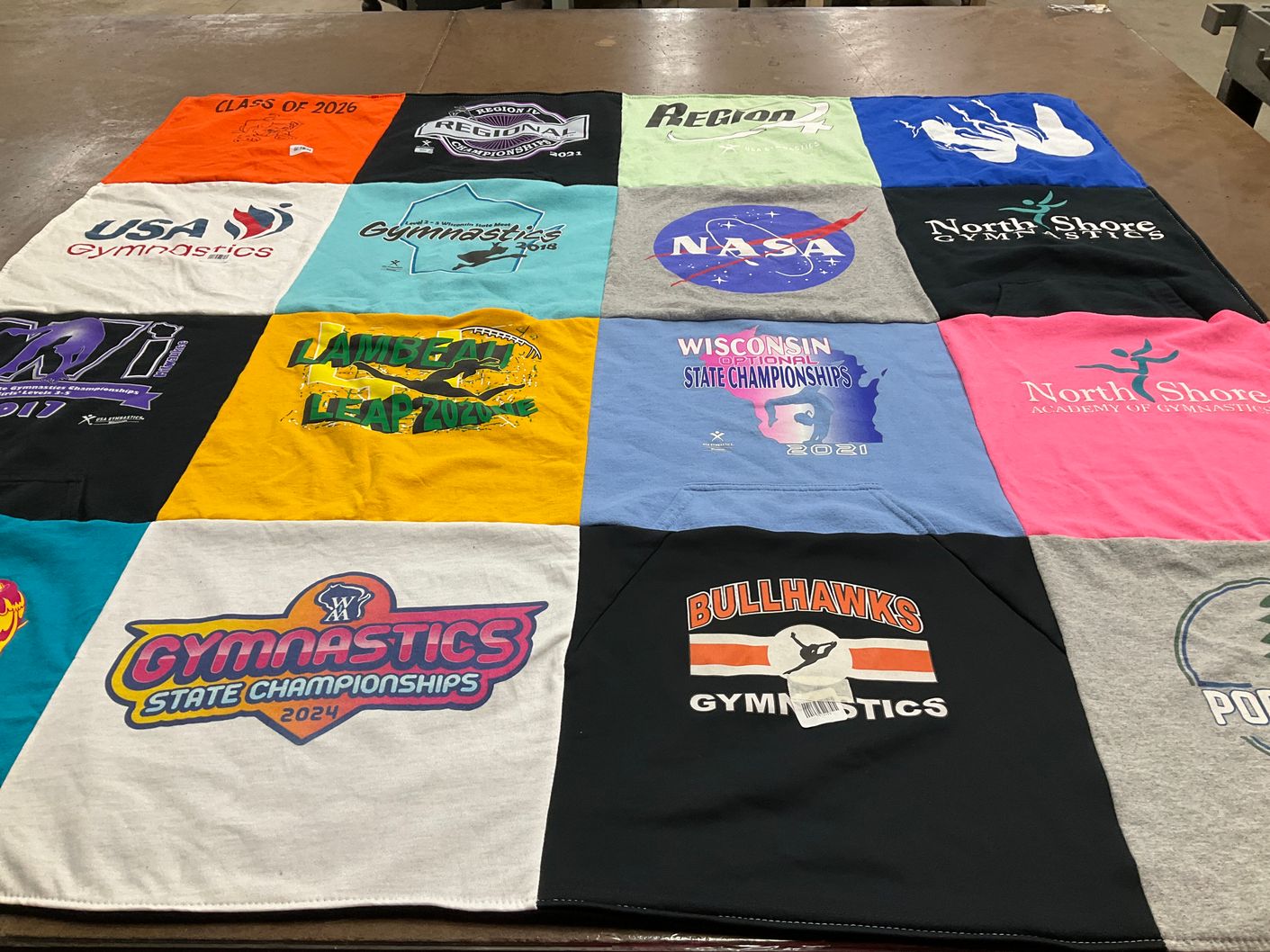 T-shirt quilt featuring bullhawks gymnastics by Lori from WI