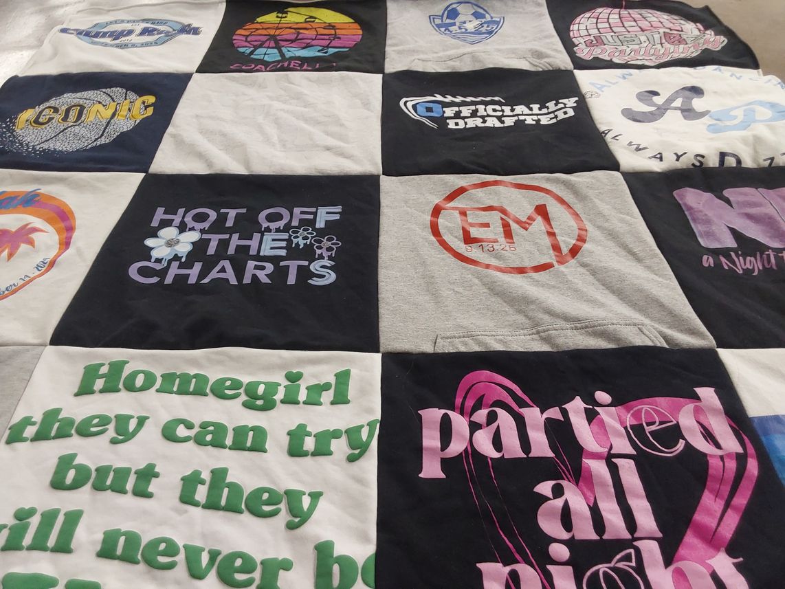 T-shirt quilt with music, concerts themes by Rebecca from NJ