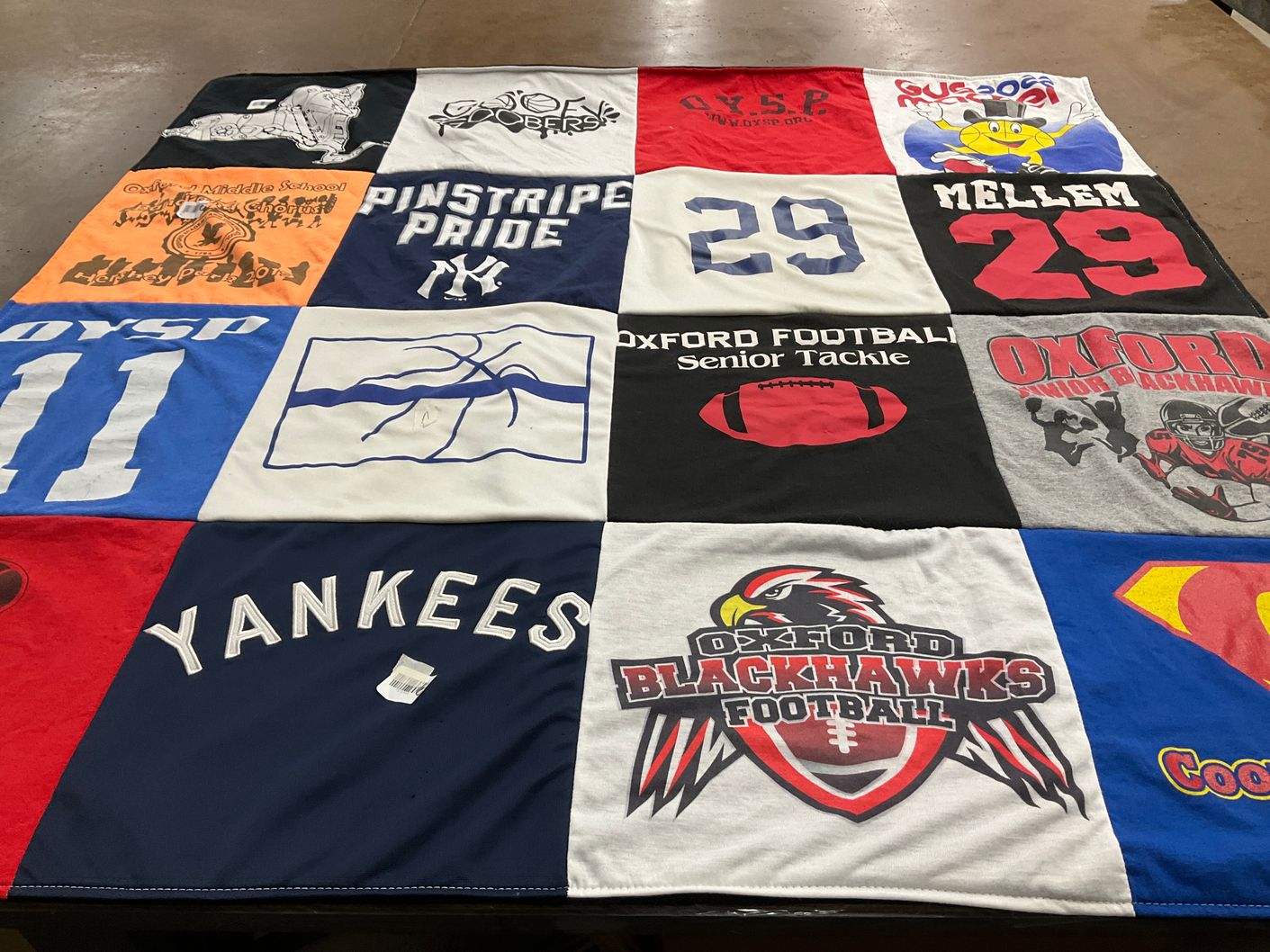 T-shirt quilt featuring yankees, oxford blackhawks football by Sarah from NY