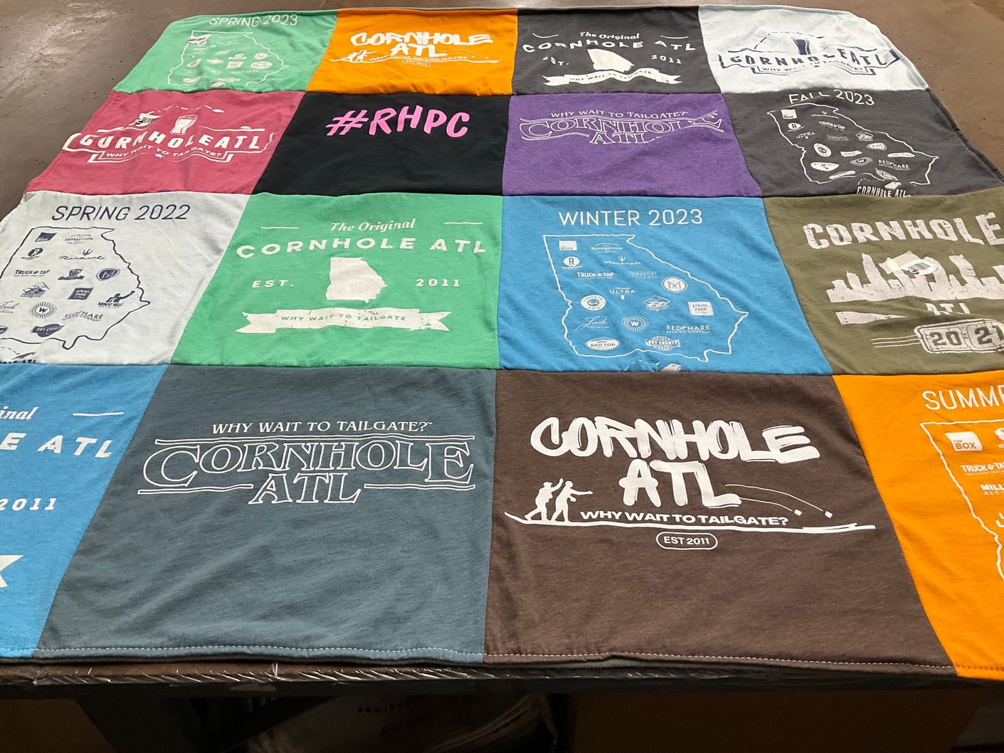T-shirt quilt with cornhole, tailgating themes by Tara from GA