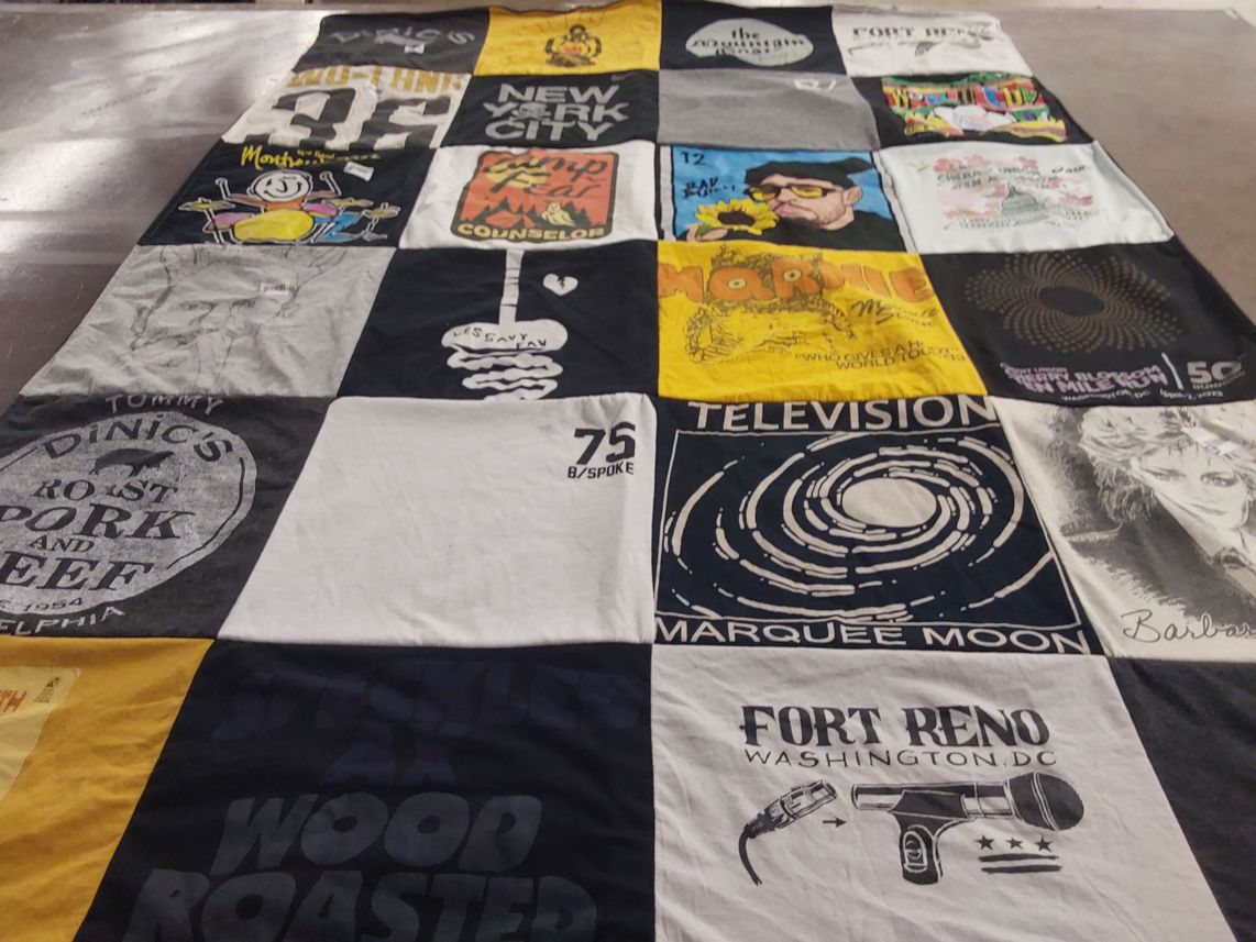 T-shirt quilt with music, theatre themes by Rachel from MD