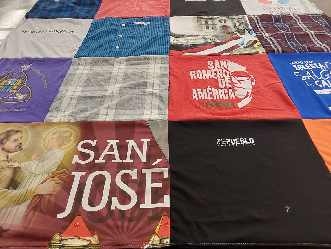 T-shirt quilt with religion, community themes by Linda from FL