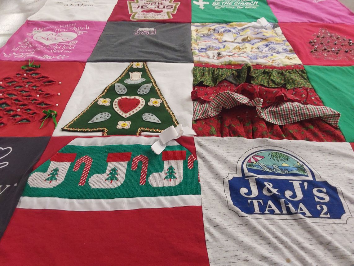 T-shirt quilt with crafts, holiday themes by Joanna from NC
