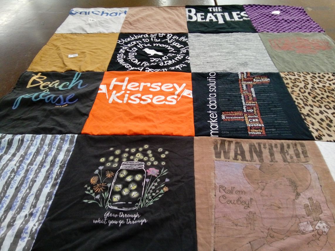 T-shirt quilt with music, cooking themes by Madeline from IL