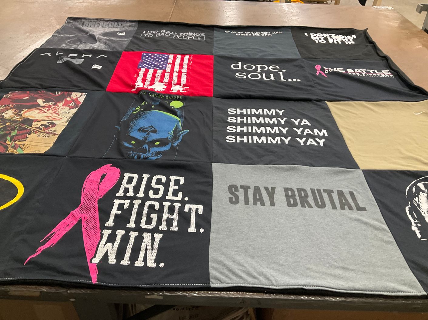 T-shirt quilt with music, fitness themes by Norma from OH