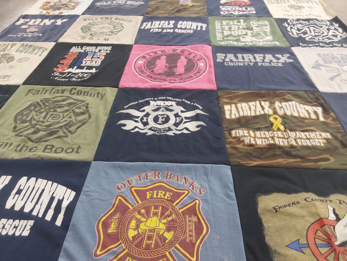 T-shirt quilt with firefighting, community service themes by tonya from VA