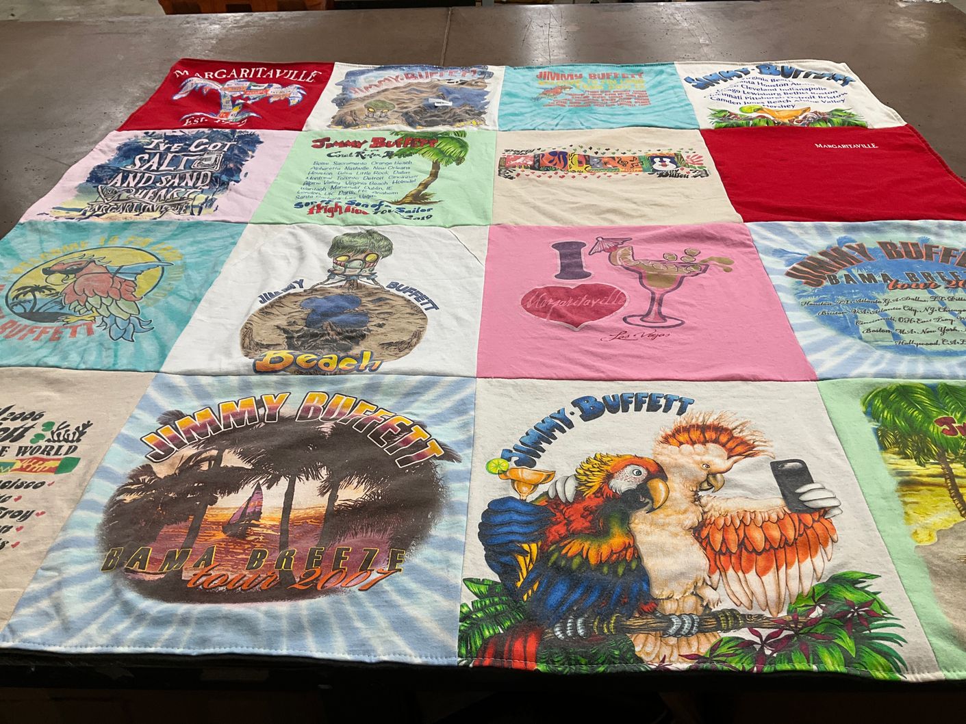 T-shirt quilt with tropical drinks, music themes by Marcie from AR