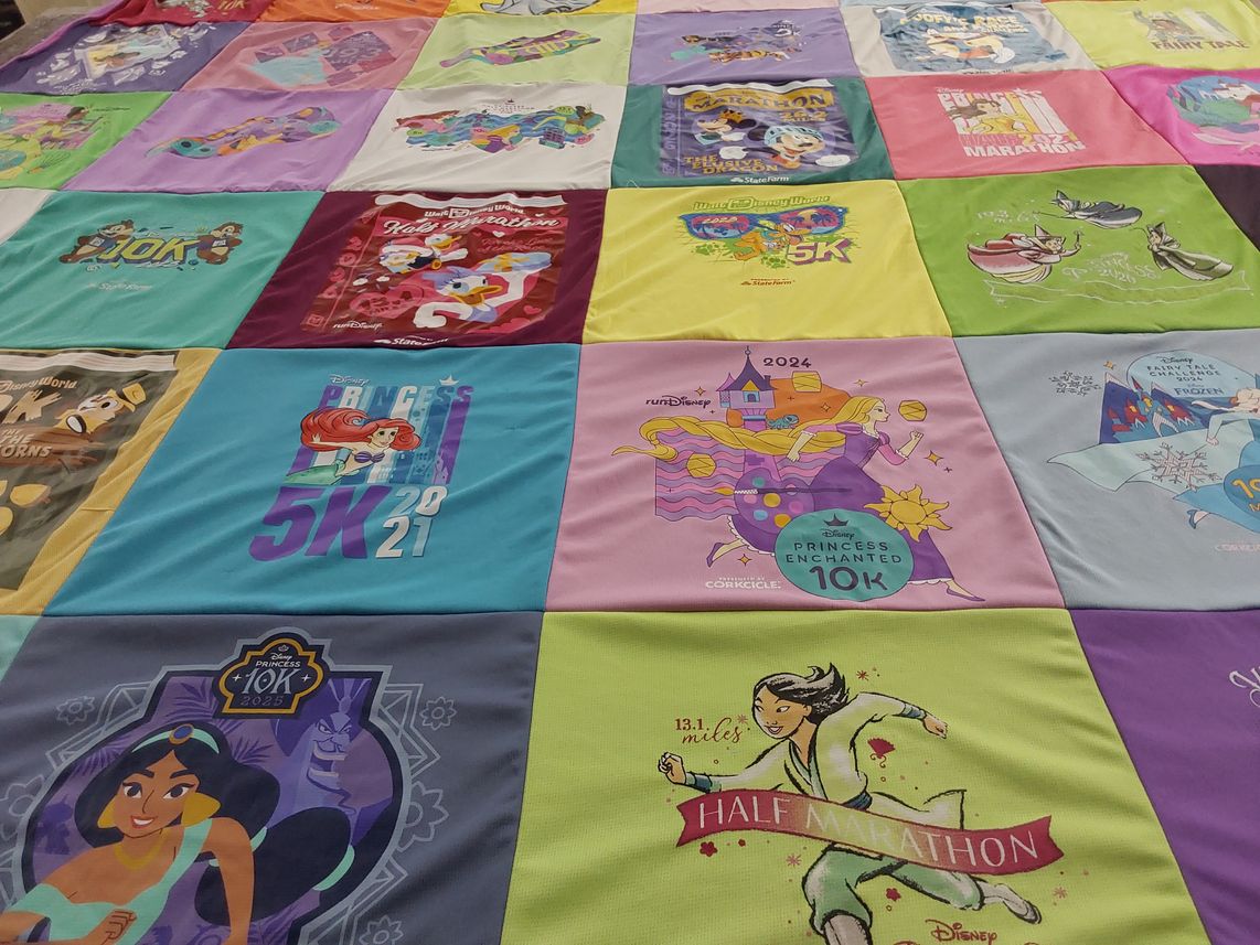 T-shirt quilt with running, disney themes by Rachel from MI