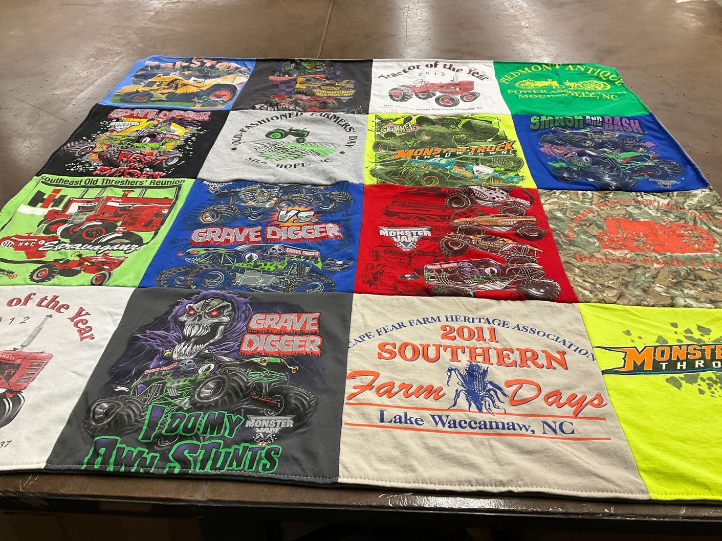 T-shirt quilt with monster trucks, farming themes by Stacey from NC