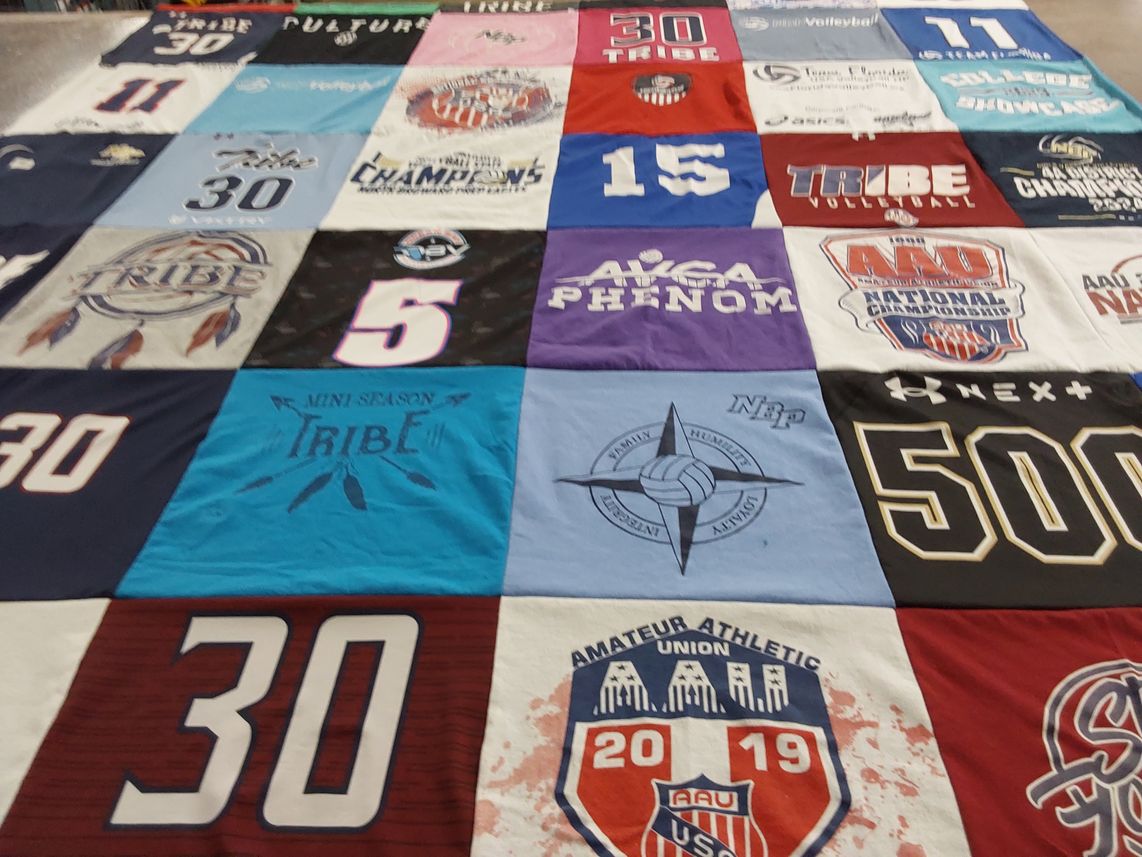 T-shirt quilt with sports, volleyball themes by Lucia from FL