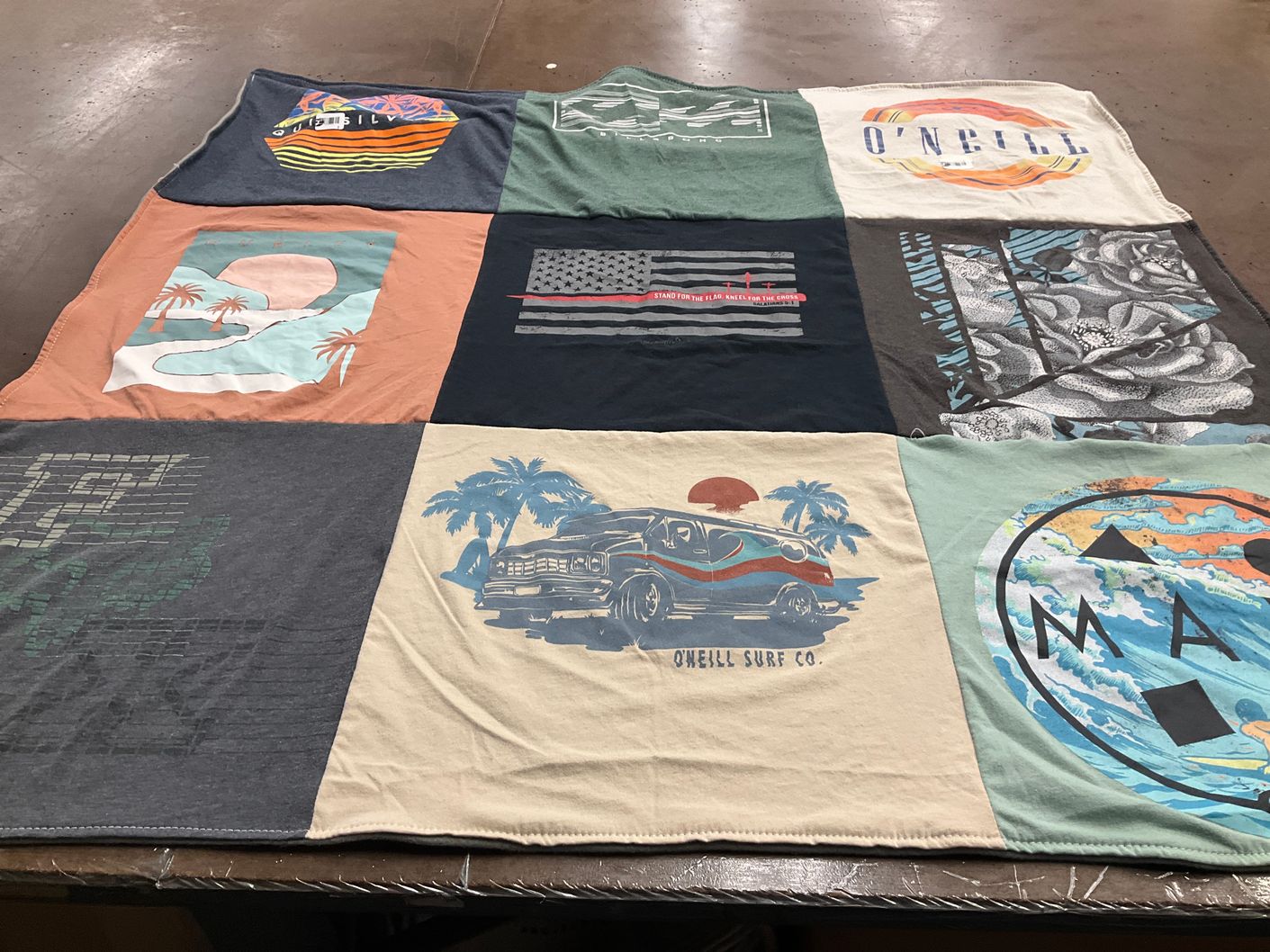 T-shirt quilt with surfing, beaches themes by Wendy from CA