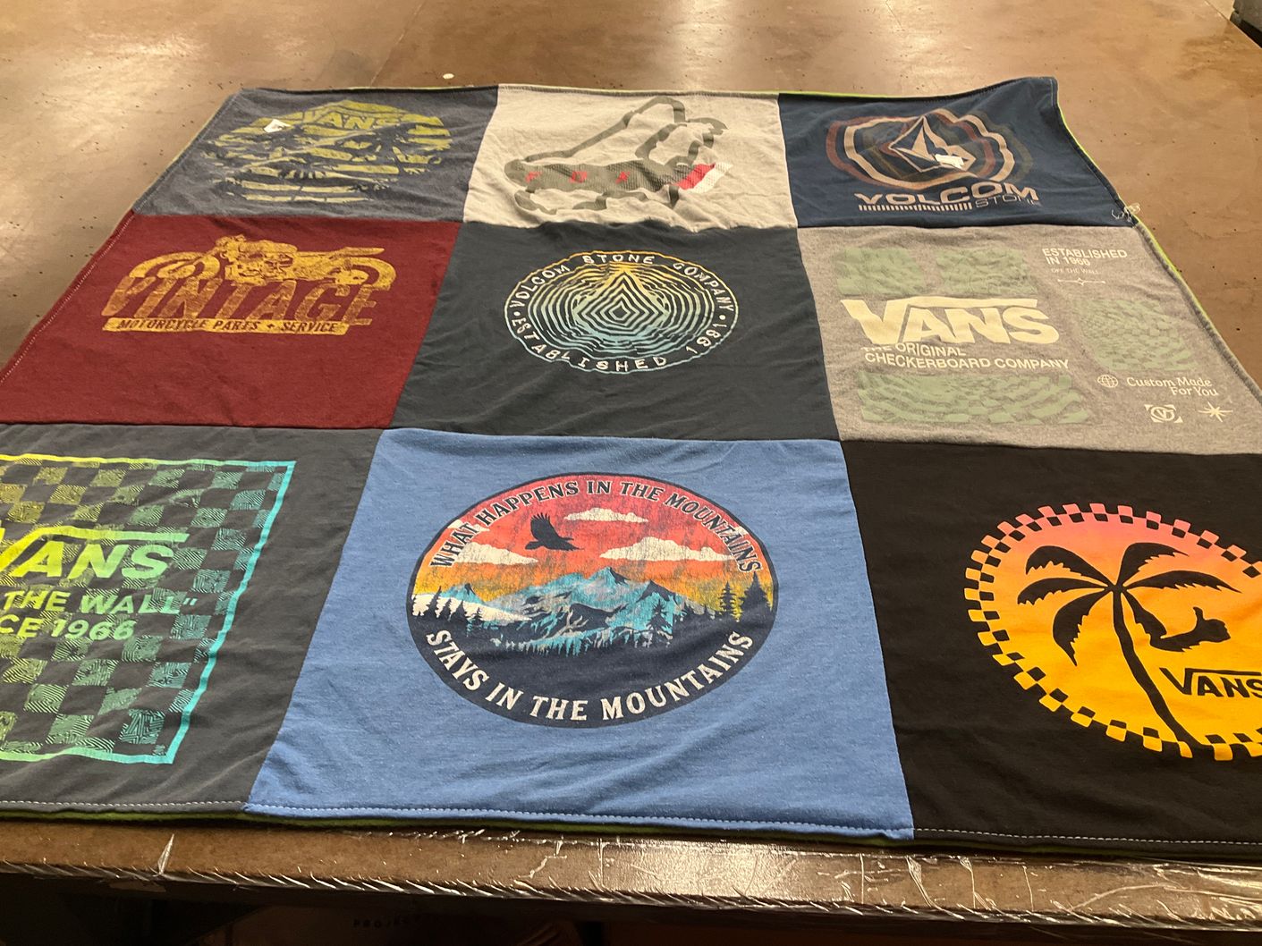 T-shirt quilt with skateboarding, motorcycling themes by Wendy from TX