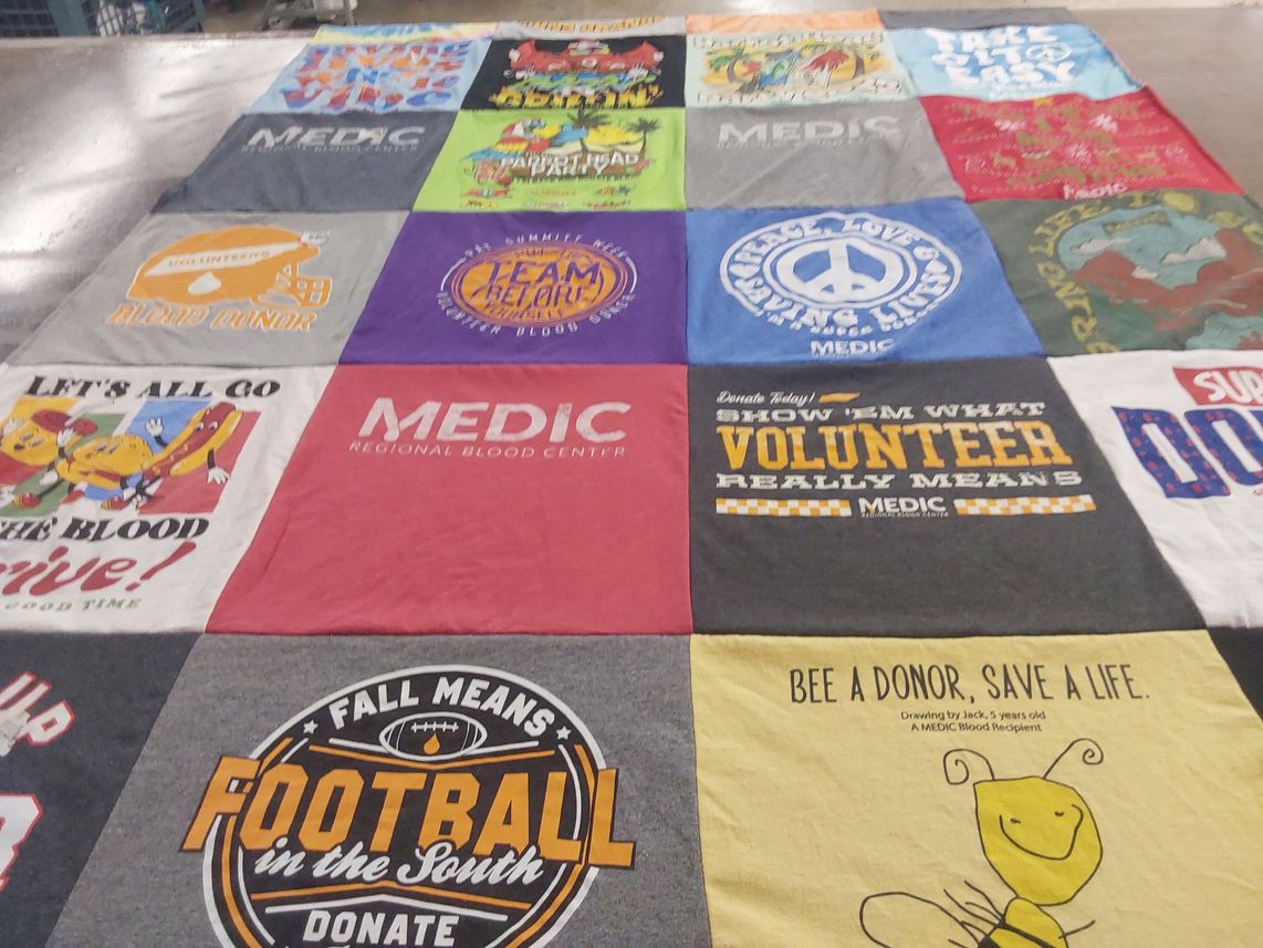 T-shirt quilt with community service, blood donation themes by Angela from TN