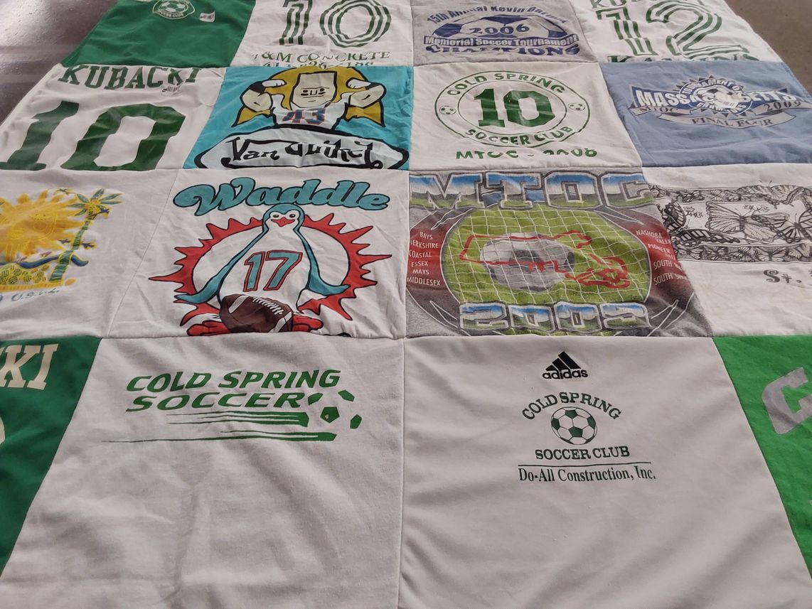T-shirt quilt with soccer, sports themes by Kristy from MA