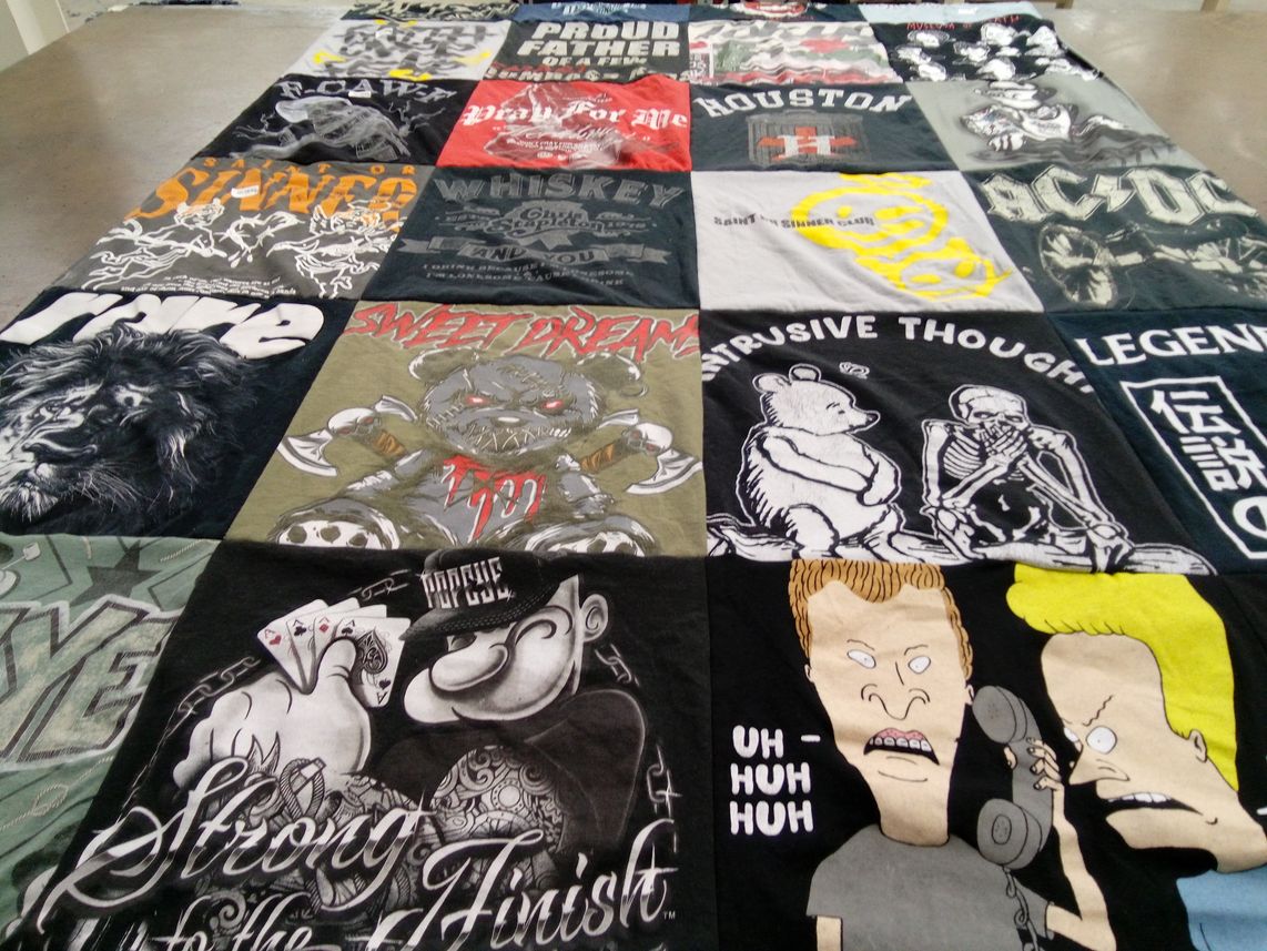 T-shirt quilt with music, gaming themes by Kerry from TX