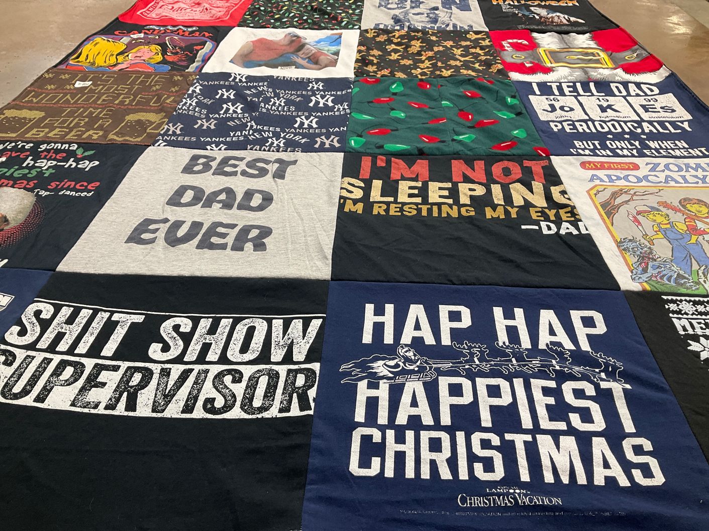 T-shirt quilt with humor, holidays themes by Tricia from NY