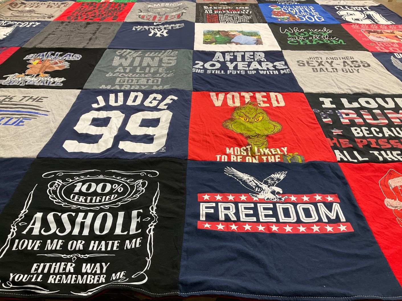 T-shirt quilt with politics, humor themes by Tricia from NY