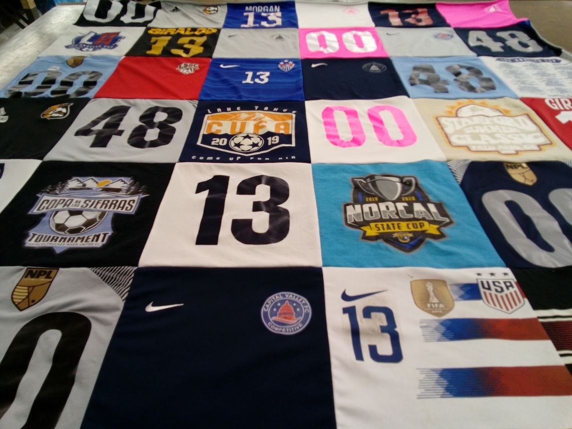 T-shirt quilt with soccer, tournaments themes by Kelly from CA