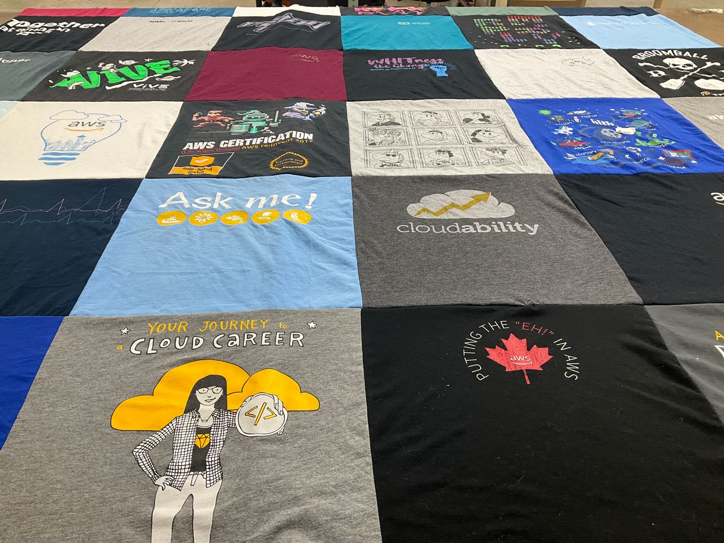 T-shirt quilt with cloud computing, aws certification themes by Elizabeth from MA