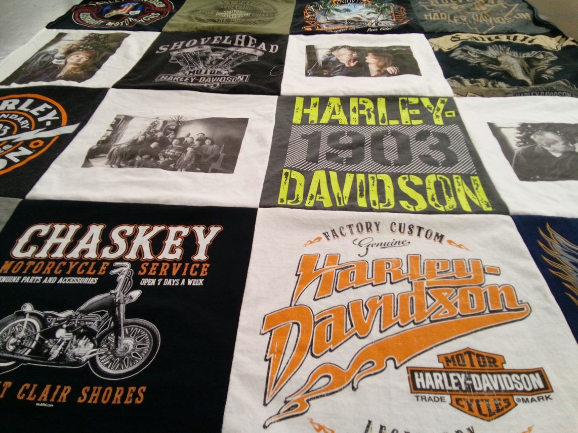 T-shirt quilt with motorcycles, biking themes by Jillian from MI