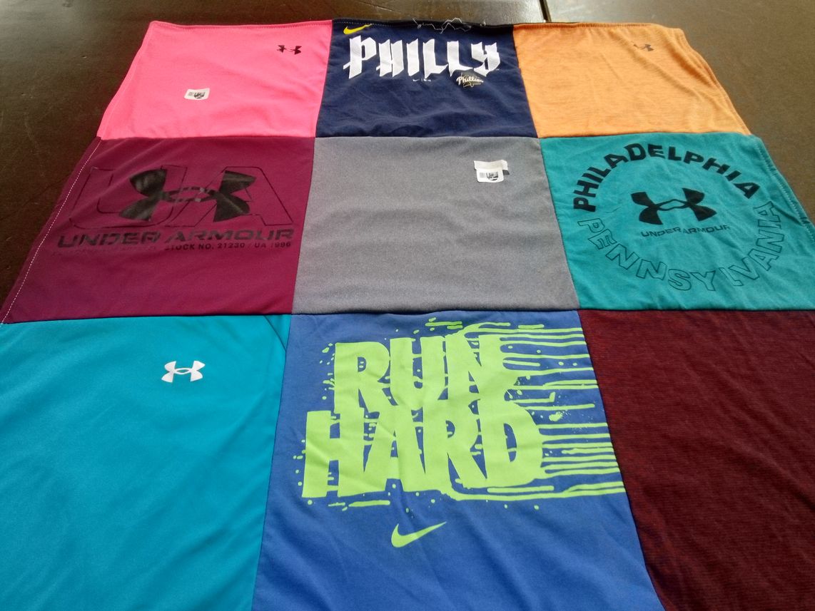 T-shirt quilt with fitness, sports themes by Nancy from NJ