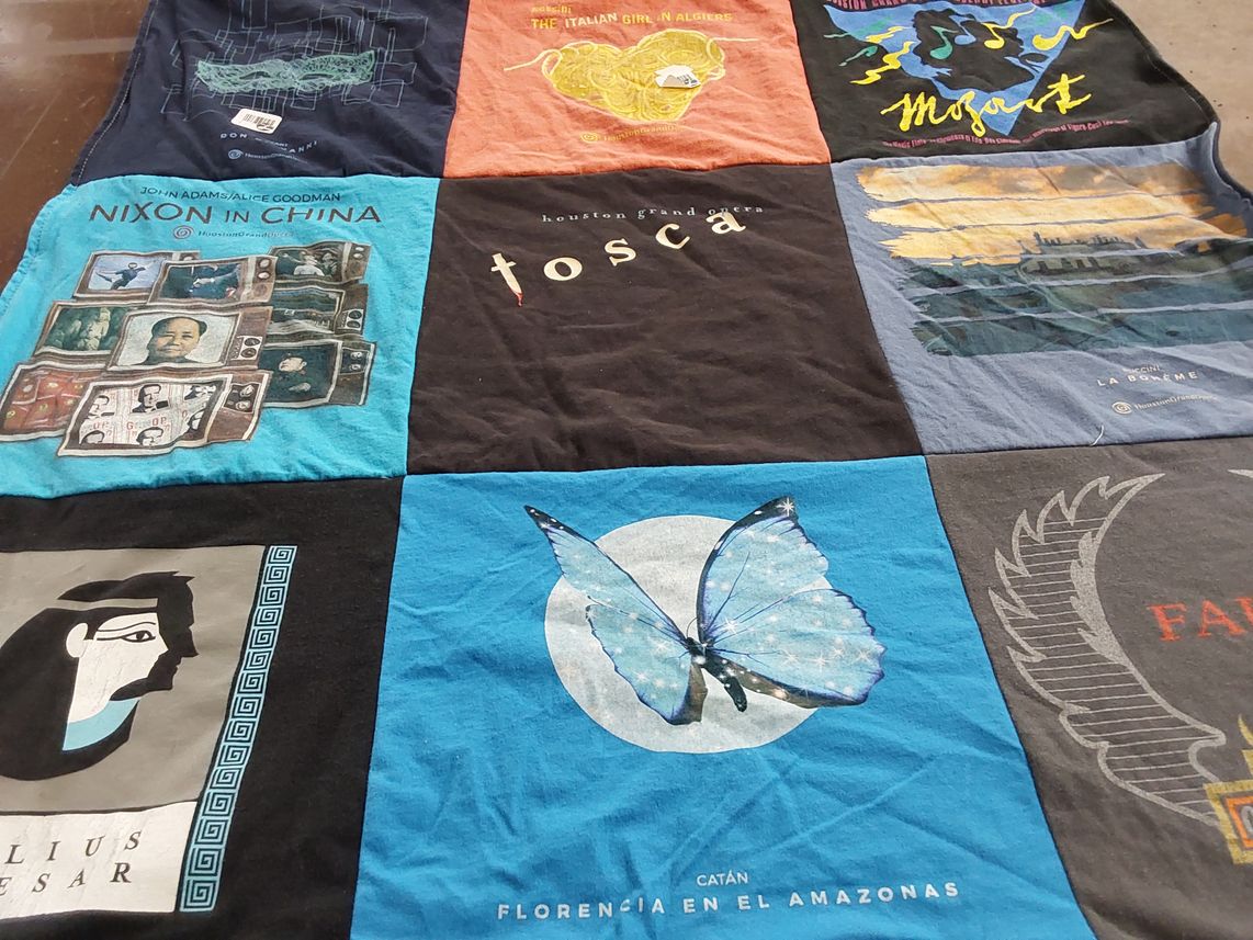 T-shirt quilt with opera, music themes by Ernie from TX