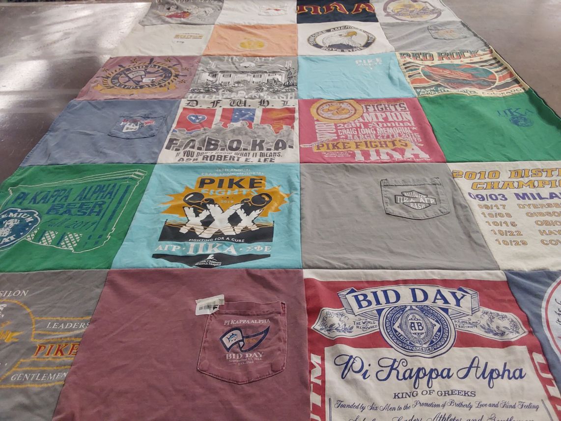 T-shirt quilt with greek life, fraternities themes by Jackie from FL