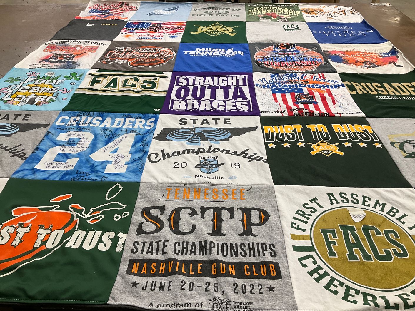 T-shirt quilt featuring first assembly christian school crusaders by Summer from TN