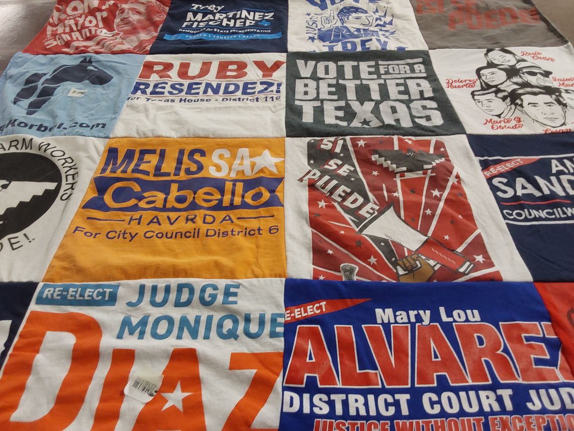 T-shirt quilt with politics, civic engagement themes by Irene from TX