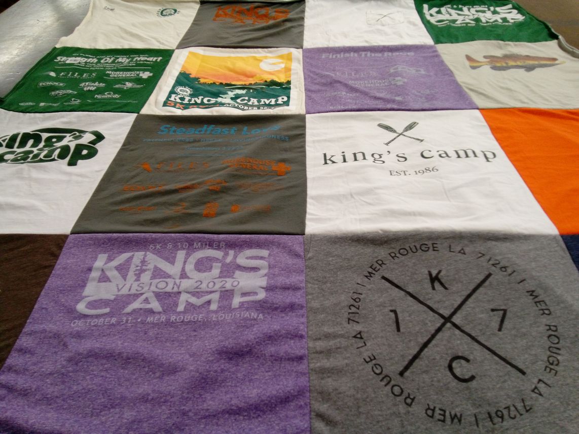 T-shirt quilt with camping, community themes by Jennifer from NC