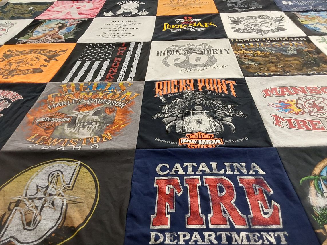 T-shirt quilt with motorcycles, biking themes by Jack from WA