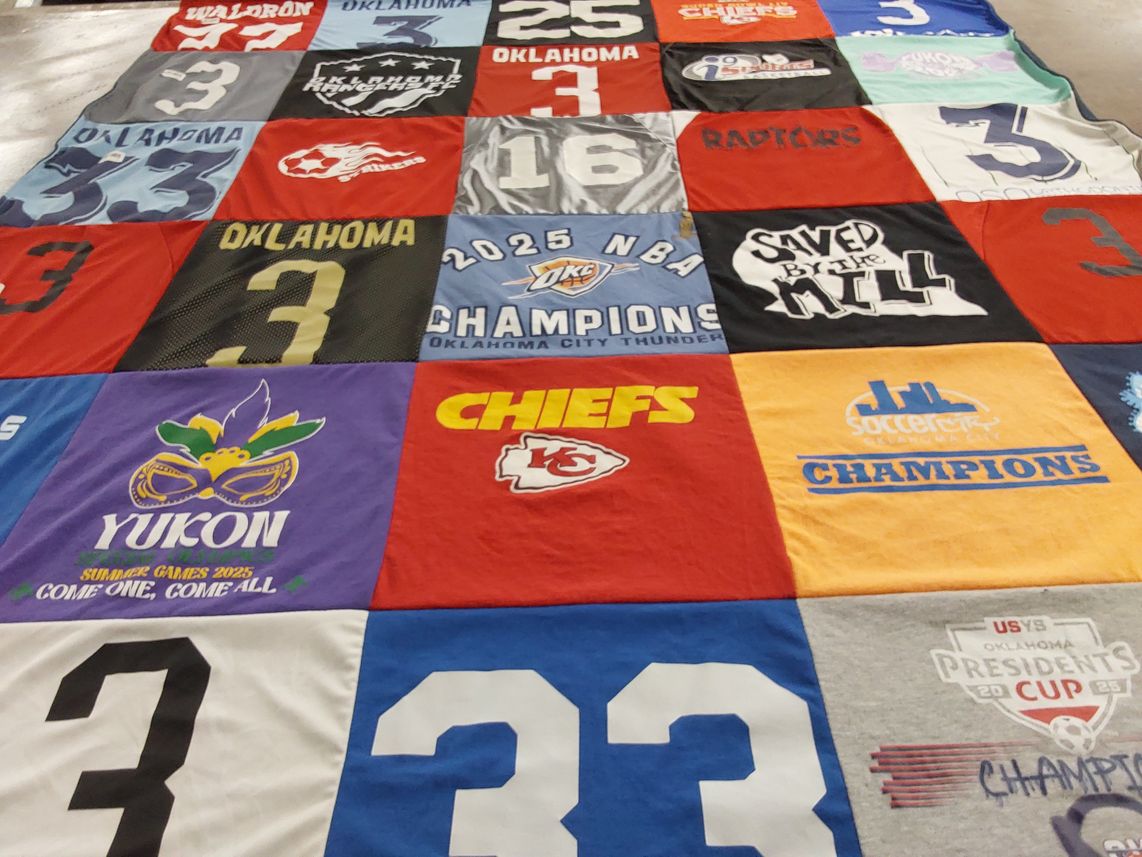 T-shirt quilt featuring oklahoma city thunder, kansas city chiefs by Jennifer from OK