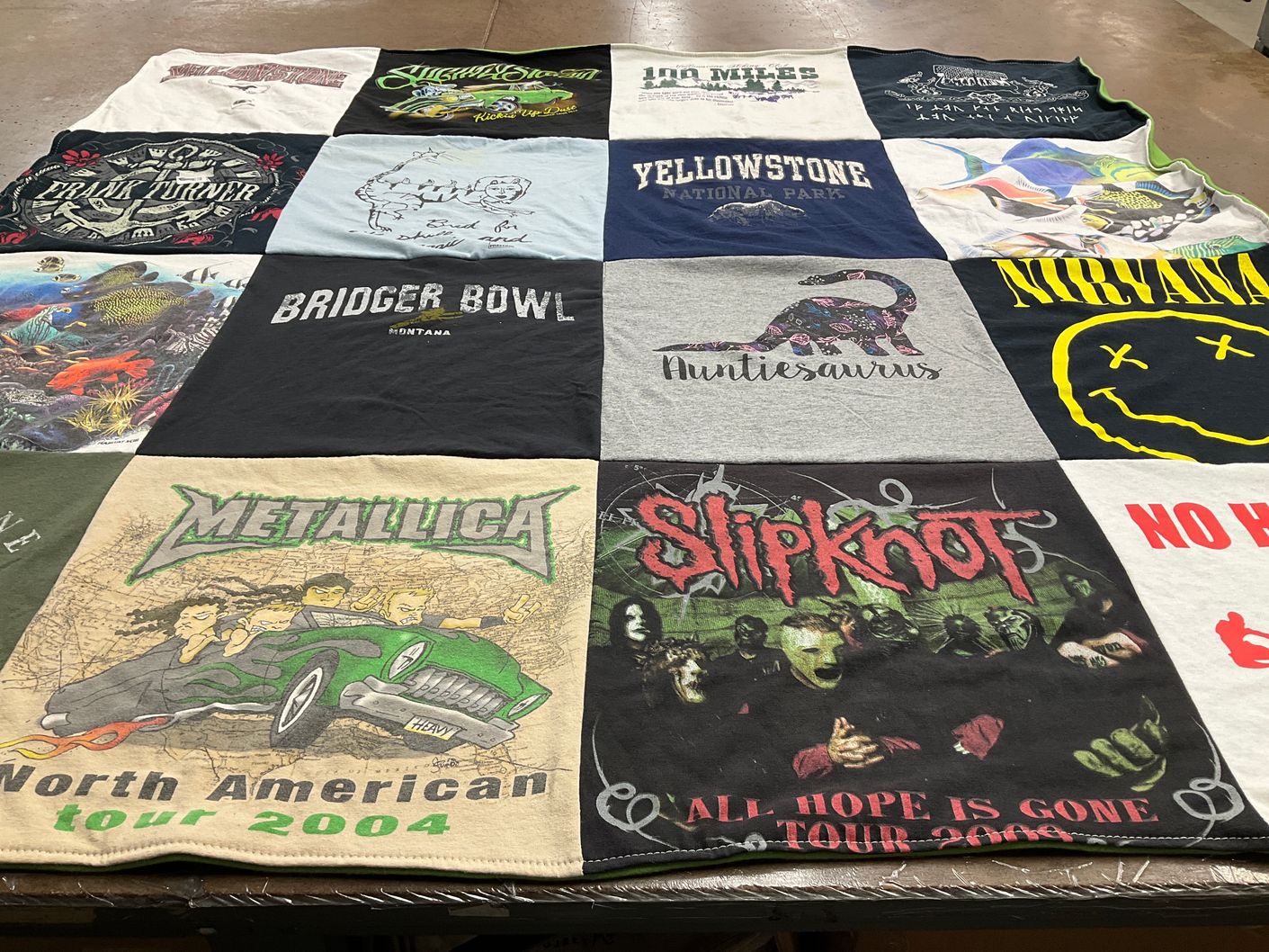T-shirt quilt with music, travel themes by Sara from FL