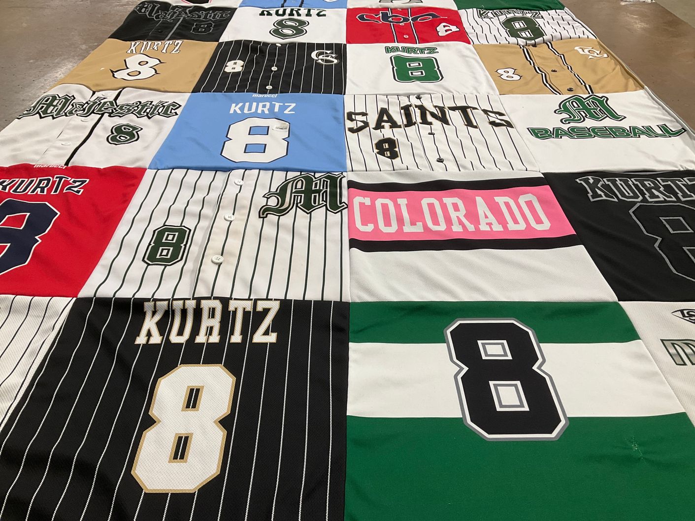 T-shirt quilt with sports, baseball themes by JESSE from CO