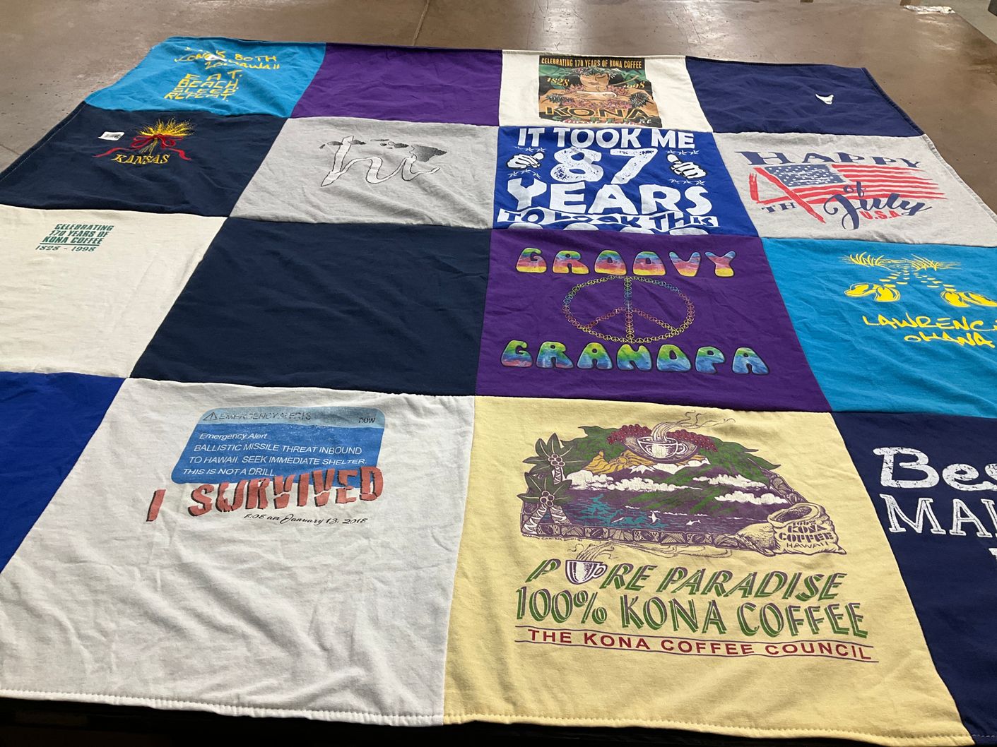 T-shirt quilt with coffee, family themes by Patti from AZ