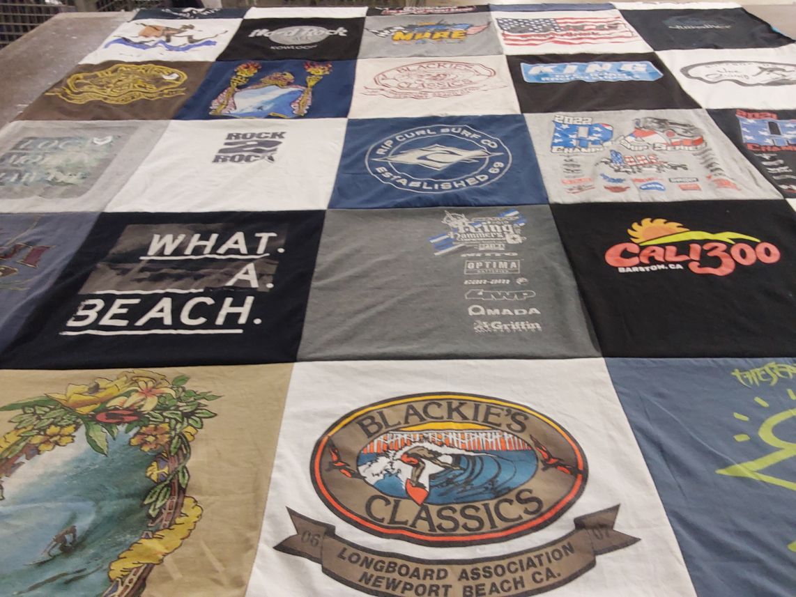T-shirt quilt with surfing, beach activities themes by Dru from CA