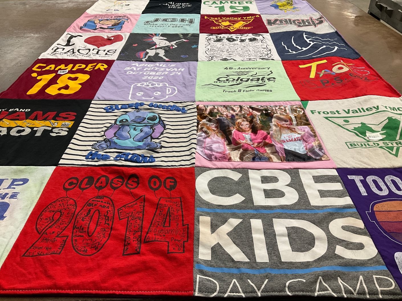 T-shirt quilt with camping, youth programs themes by Beth from NY