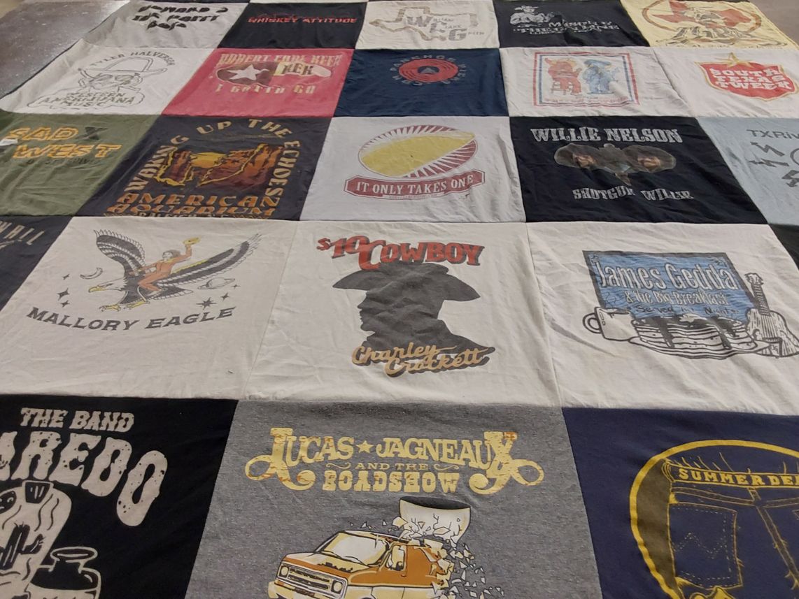 T-shirt quilt with country music, outdoor activities themes by Tammy from TX