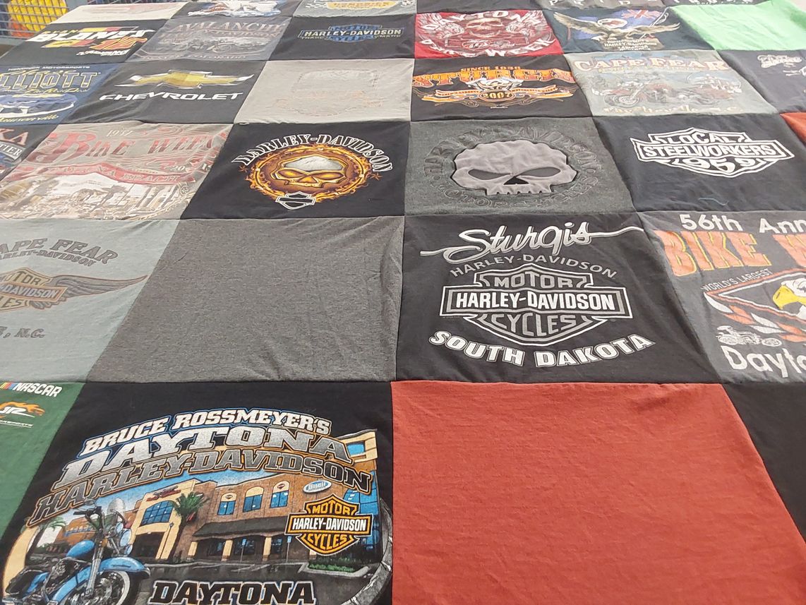 T-shirt quilt with motorcycles, biking themes by Frankie from NC