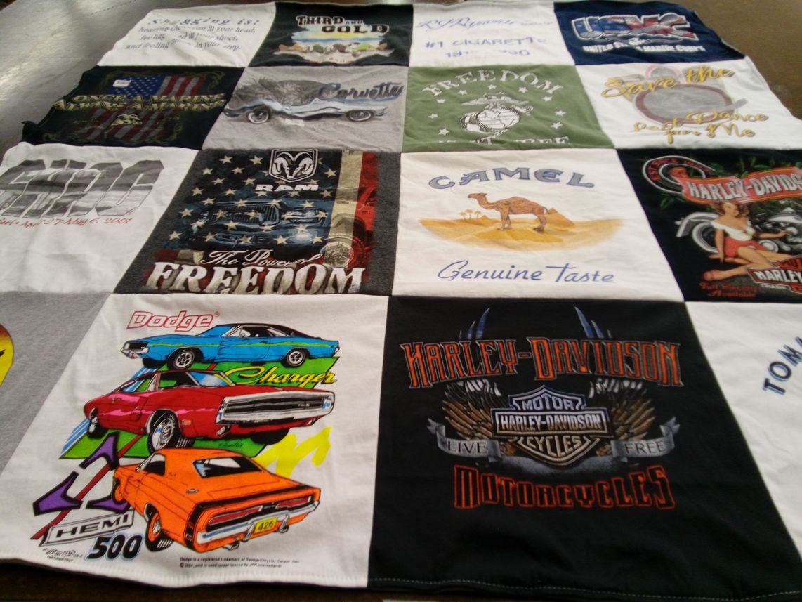 T-shirt quilt with automobiles, motorcycles themes by Wanda from NC