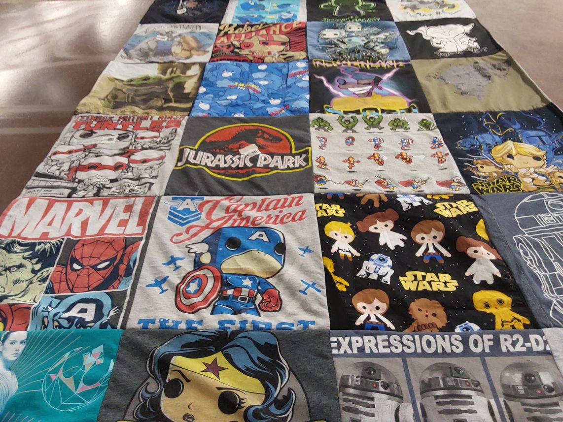 T-shirt quilt with comics, movies themes by Alicia from FL