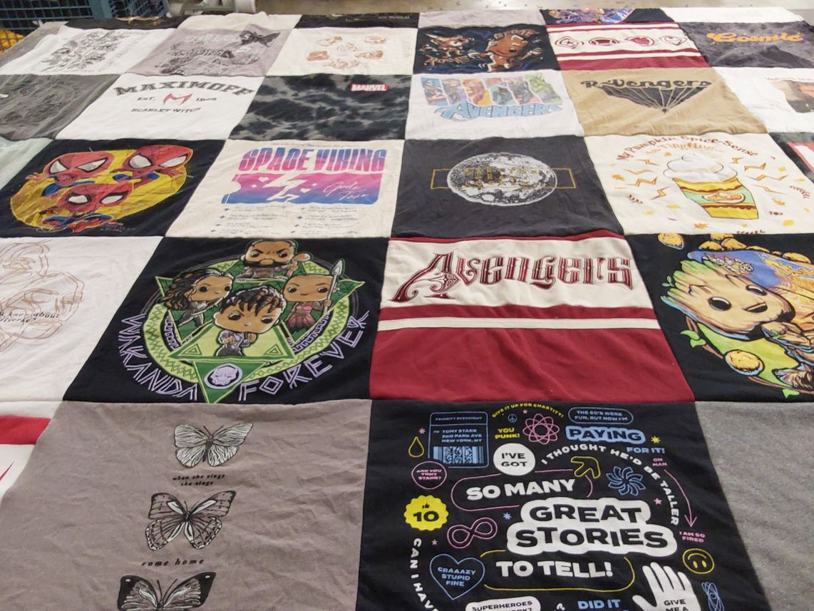 T-shirt quilt with comics, superheroes themes by Lauren from NJ