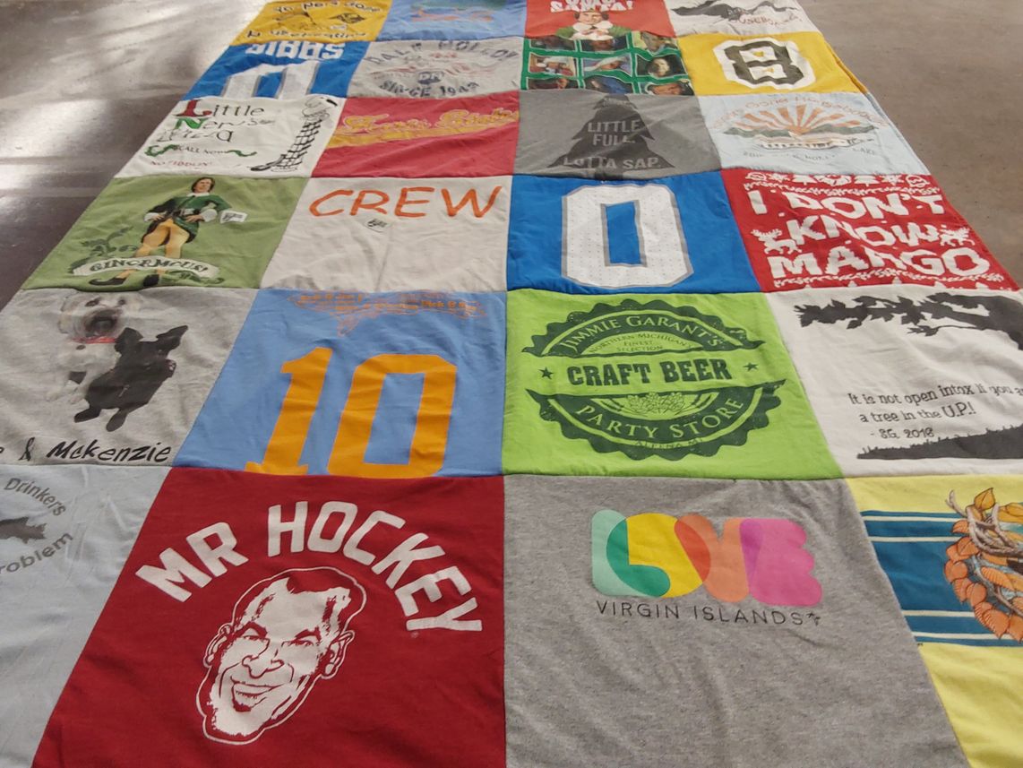 T-shirt quilt with beer, sports themes by Jennifer from MI