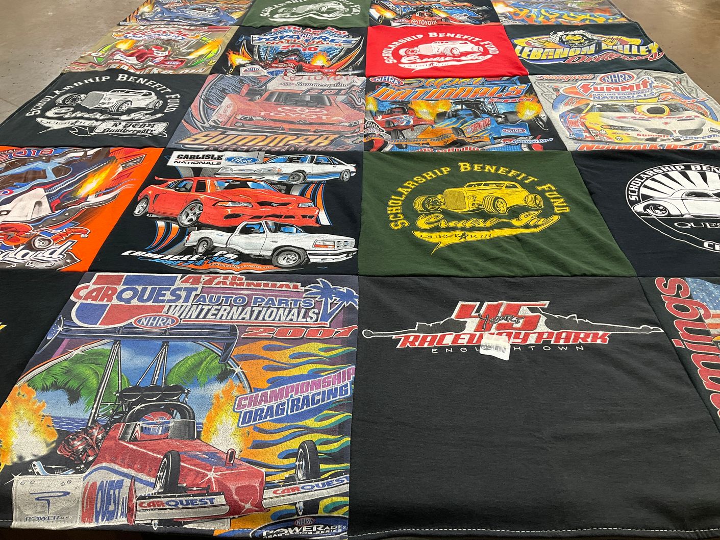 T-shirt quilt with automotive, drag racing themes by Lori from NY