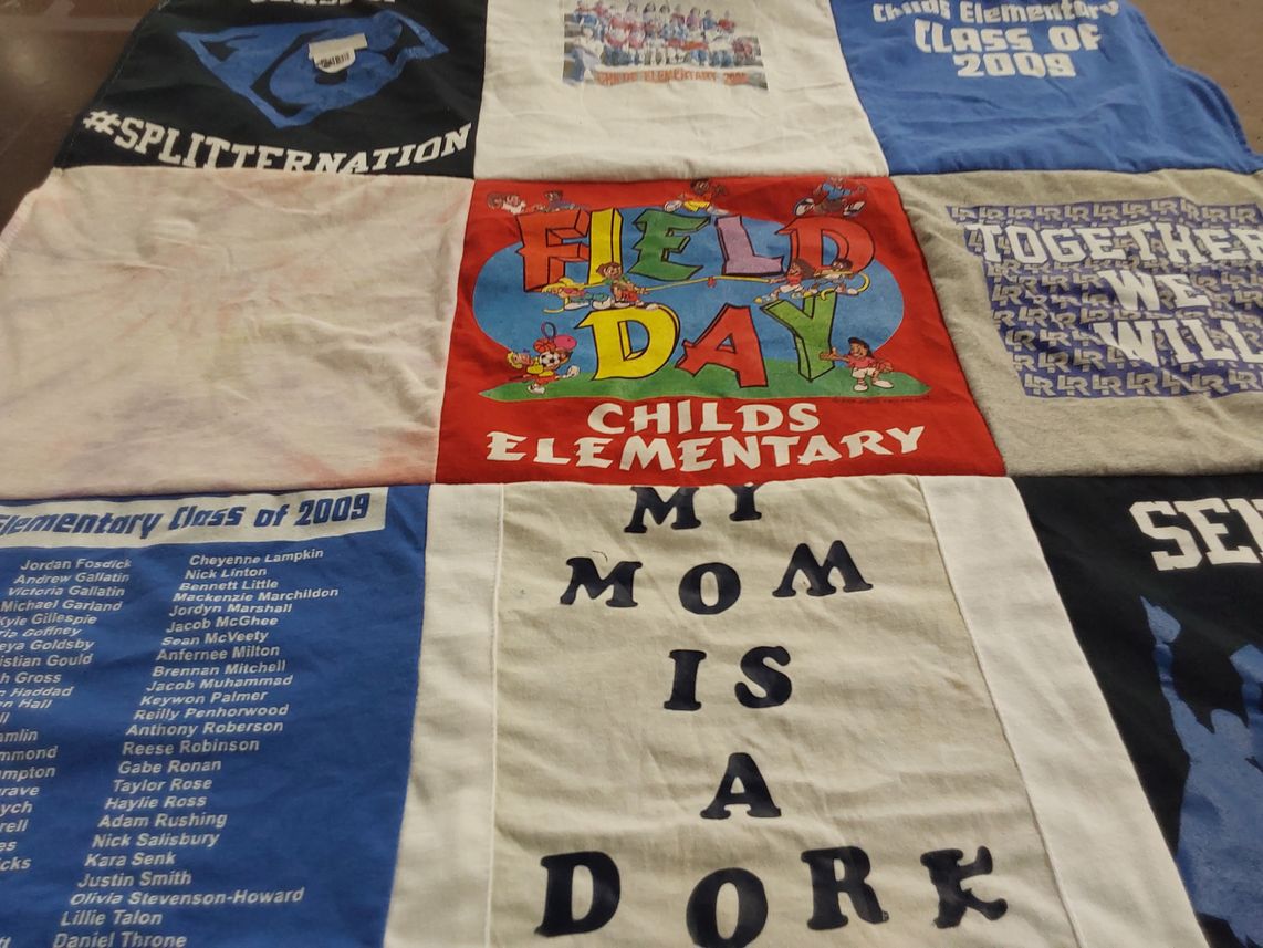 T-shirt quilt from childs elementary school by Mitzi from MI