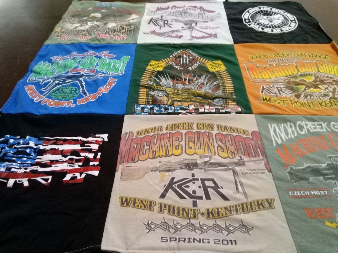 T-shirt quilt with firearms, shooting sports themes by Lynn from OH