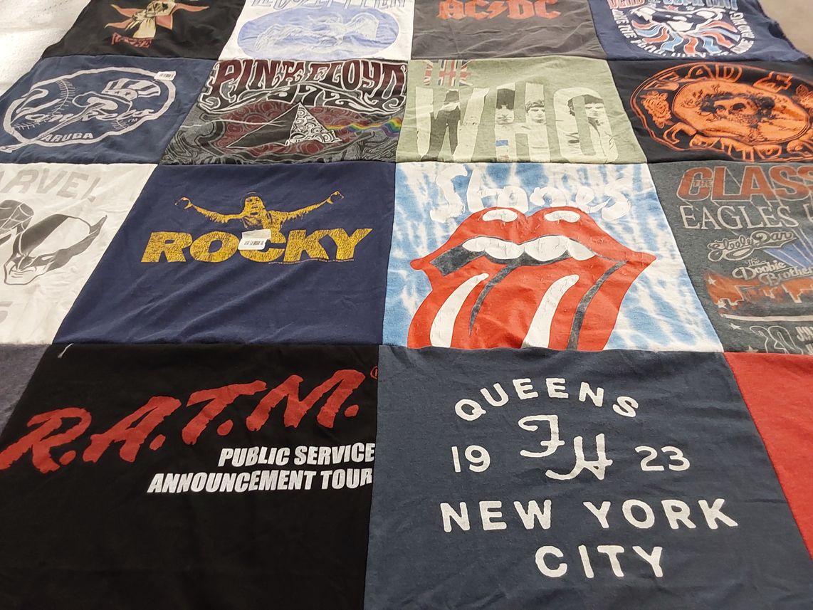 T-shirt quilt with music, movies themes by Pam from NY